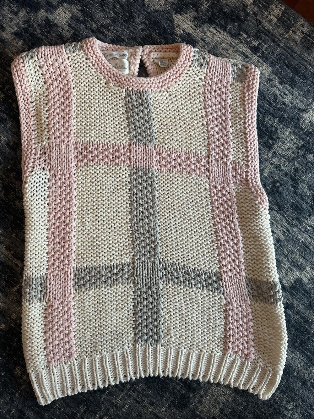 Vintage Handknit Sweater Vest Pink Gray Cream Button Back Size Large By Estee